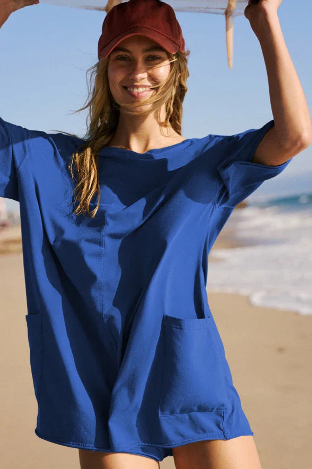Oversized Crew Neck Romper with Open Back - View 22 | TEVQA