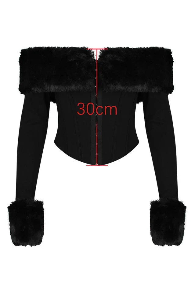 Ravenna Faux Fur Trim Corset Top | Black Off-Shoulder Mesh Long Sleeve Bustier - TEVQA