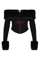 Ravenna Faux Fur Trim Corset Top | Black Off-Shoulder Mesh Long Sleeve Bustier - TEVQA