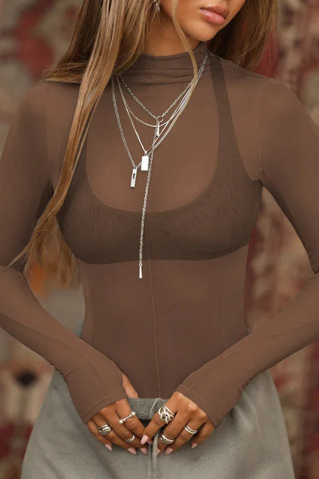 Sheer Mock Neck Long Sleeve Top - View 16 | TEVQA