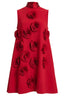 Close-up front view of a red sleeveless A-line mini dress with multiple red appliqué roses.