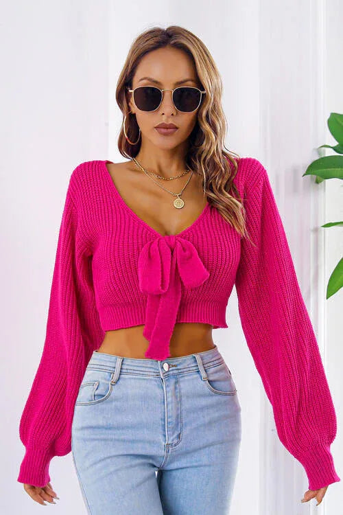 Ribbed knit crop sweater with tie neck - View 14 | TEVQA