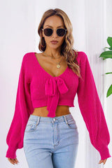 Ribbed knit crop sweater with tie neck - View 14 | TEVQA