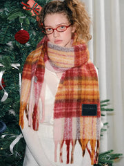 Plaid Wool Blend Tassel Scarf Red Orange