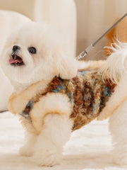A Bichon Frise dog wearing a tweed and faux fur vest, with a leash attached, standing on a rug.