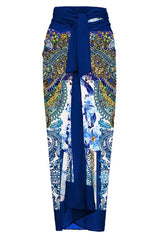One shoulder swimsuit with tropical print and floral applique, paired with a matching skirt. - View 23 | TEVQA