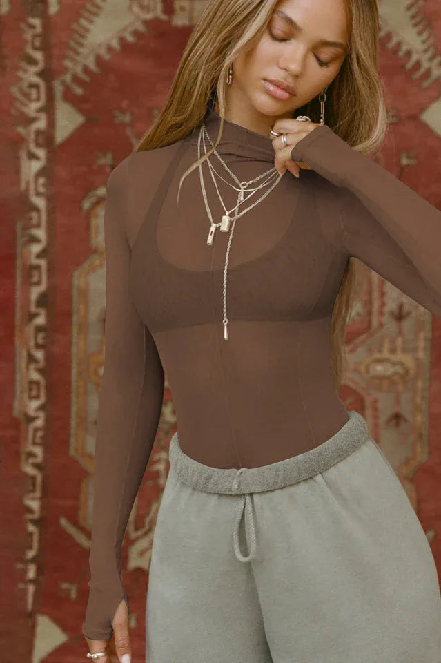 Sheer Mock Neck Long Sleeve Top - View 14 | TEVQA