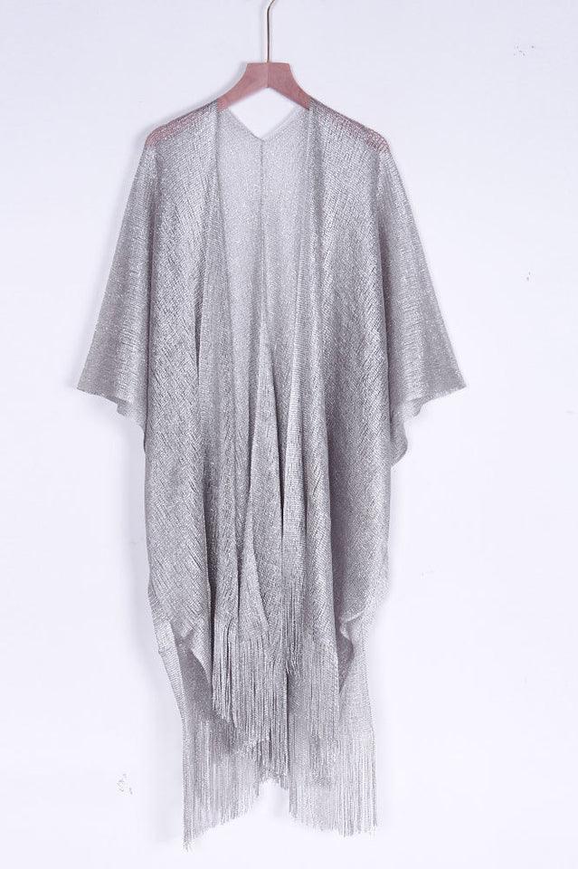Metallic knit kimono cover up with fringe detail - View 13 | TEVQA