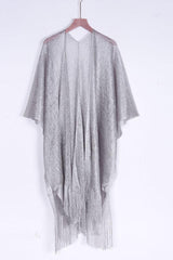 Metallic knit kimono cover up with fringe detail - View 13 | TEVQA