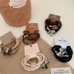 3-Pack Preppy Plaid Hair Tie Set with Bear Charm