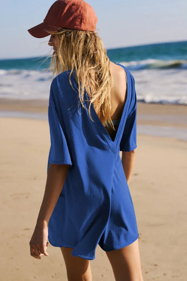 Oversized Crew Neck Romper with Open Back - View 23 | TEVQA