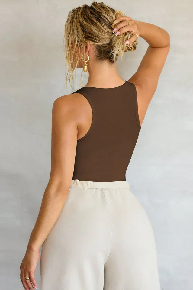 Jet Black Notched Neck Ribbed Tank Top - View 16 | TEVQA