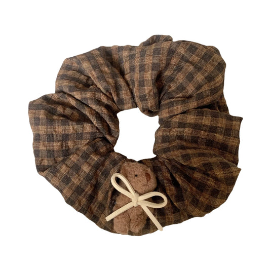 Oversized Plaid Scrunchie with Cozy Knit Charm