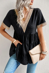 White Eyelet Embroidery V-Neck Blouse - TEVQA