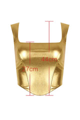 Karia Metallic Gold Corset Top | Square Neck Faux Leather Bustier & Zip Back - TEVQA