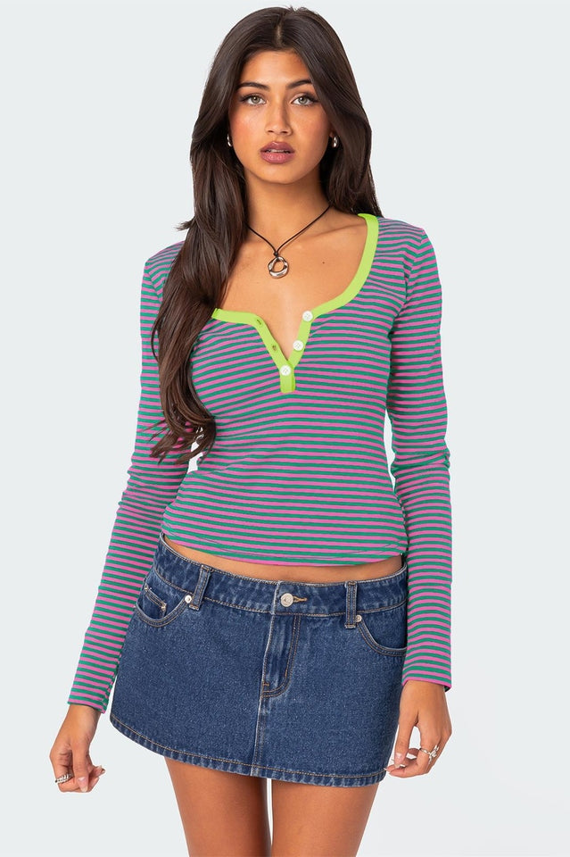 Buttoned Striped Long Sleeve T-Shirt | Dress In Beauty