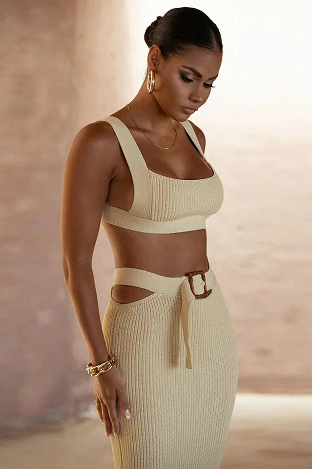 Ribbed knit cut-out belted dress set - View 13 | TEVQA
