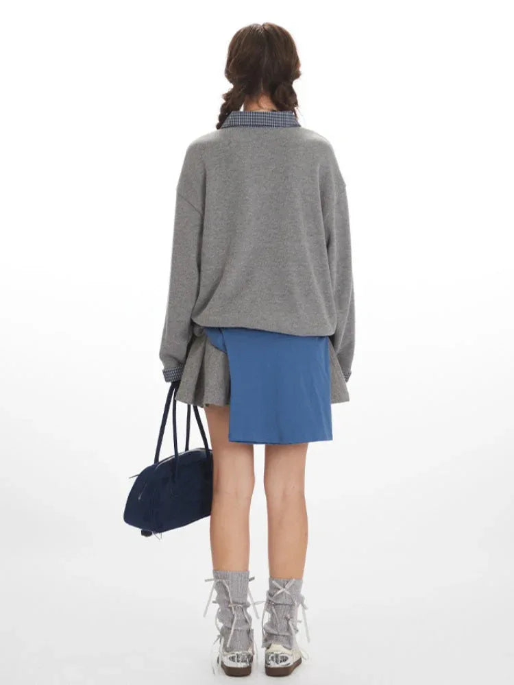 Vintage Grey Faux Layered Plaid Collar Sweatshirt - TEVQA