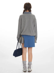 Vintage Grey Faux Layered Plaid Collar Sweatshirt - TEVQA