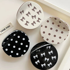Acetate 2.5 Inch Round Hair Claw Clip - Polka Dot & Bow Print - TEVQA