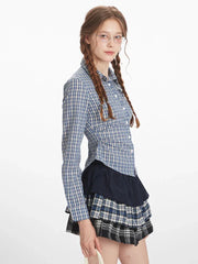 Vintage Blue Plaid Ruched Shirt - TEVQA