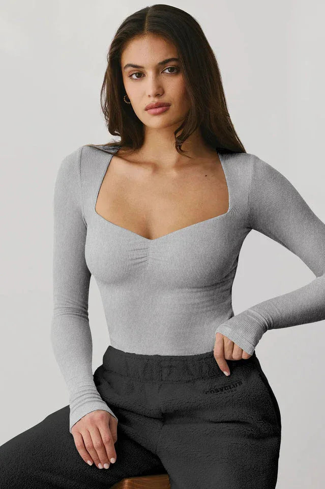 Cream Ribbed Sweetheart Neck Long Sleeve Top - TEVQA
