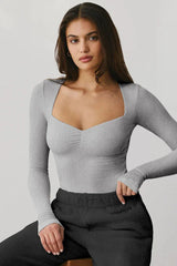 Cream Ribbed Sweetheart Neck Long Sleeve Top - TEVQA