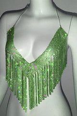 Sparkling Crystal Chainmail Crop Top - Backless Rhinestone Metal Mesh Cami - TEVQA