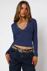 Lace Trim V-Neck Long Sleeve Top - View 16 | TEVQA