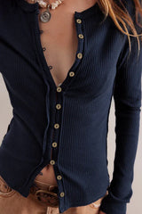 Vintage Rouge Ribbed Button-Front Long Sleeve Top - TEVQA