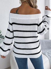 White Striped Off-Shoulder Knit Sweater