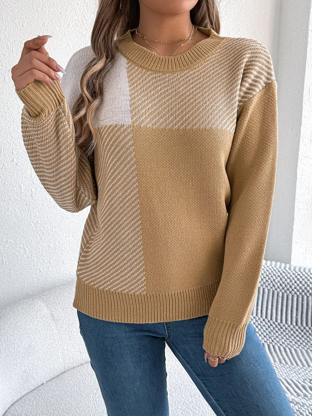 Modern Geometric Khaki Knit Sweater - TEVQA