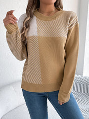 Modern Geometric Khaki Knit Sweater - TEVQA