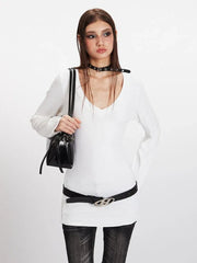 90s Minimalist Longline V-Neck Tee - TEVQA