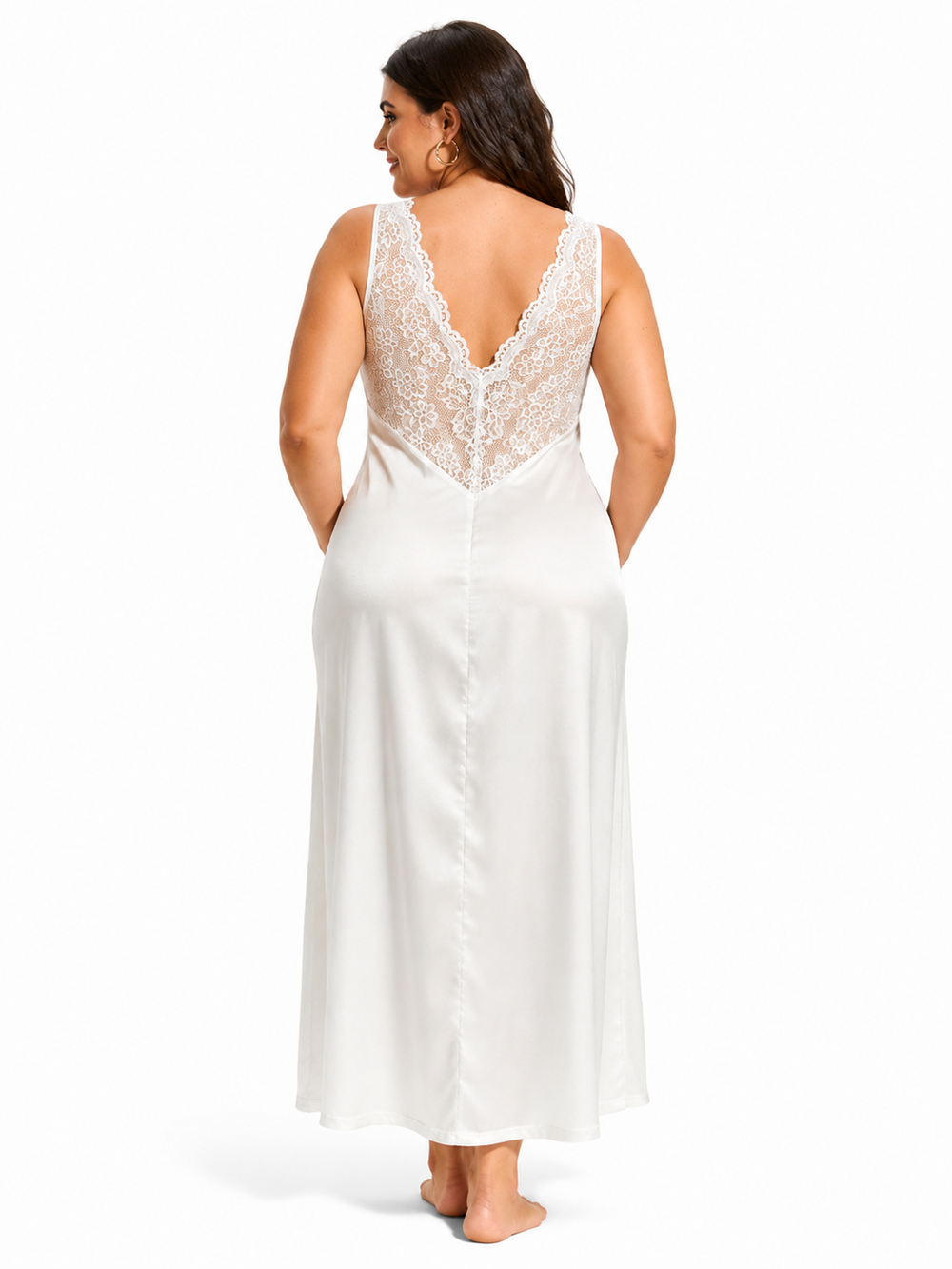 Plus size white satin and lace maxi nightgown, back view