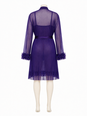 Purple sheer robe with lace trim, tie belt, and ruffled cuffs and hem, displayed on a mannequin back view.