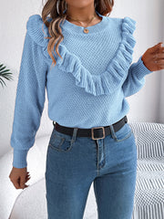 Elegant Gray Ruffle Trim Knit Sweater