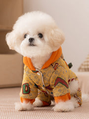 Yellow Graffiti Hooded Pet Jumpsuit with 3D Bear Doll