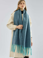 Women's Extra-Long Bouclé Scarf Soft Chunky Knit Winter Wrap with Fringe - Teal Blue