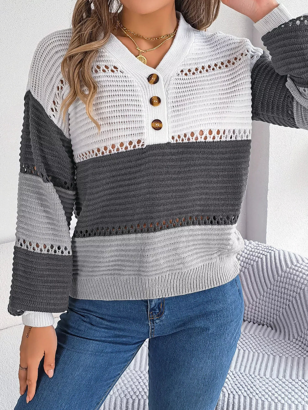 Color block knit henley sweater - View 9 | TEVQA
