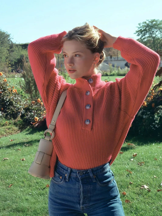 Vibrant Button-Front Mock Neck Ribbed Sweater - TEVQA
