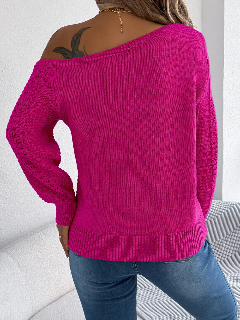 White Hollow Out Cold Shoulder Knit Sweater - TEVQA