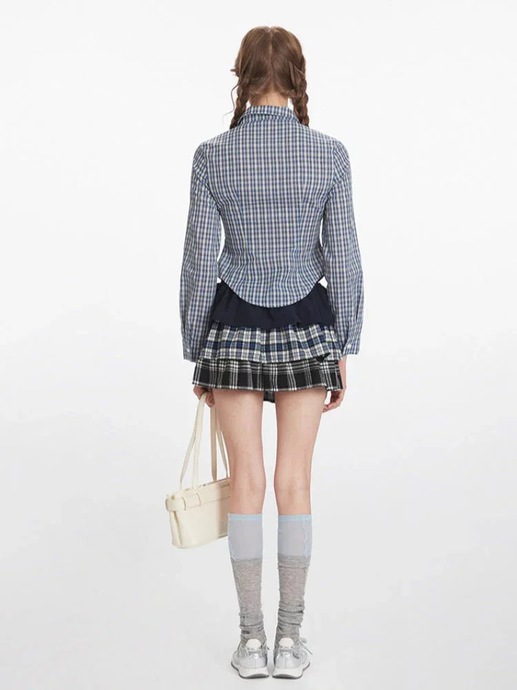 Vintage Blue Plaid Ruched Shirt - TEVQA