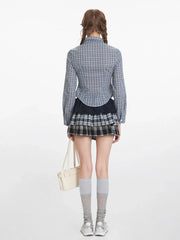 Vintage Blue Plaid Ruched Shirt - TEVQA