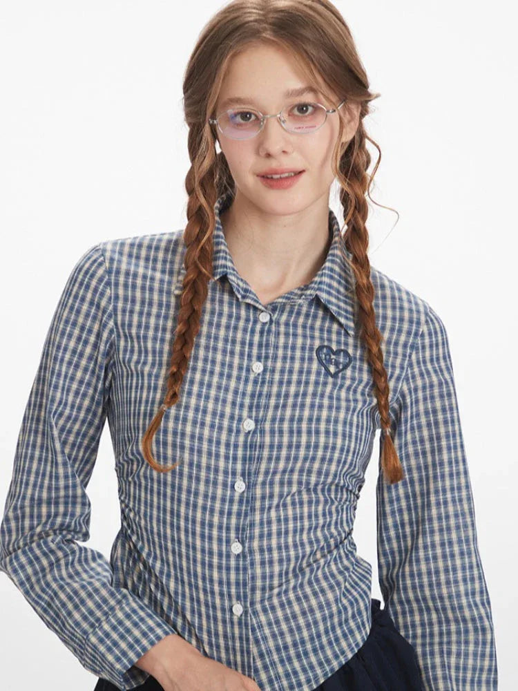 Vintage Blue Plaid Ruched Shirt - TEVQA