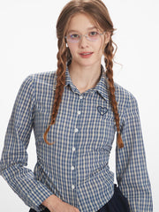 Vintage Blue Plaid Ruched Shirt
