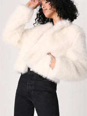 Cream Faux Fur Cropped Jacket - View 7 | TEVQA