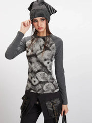 Vintage Grey Raglan Bear Graphic Top - TEVQA
