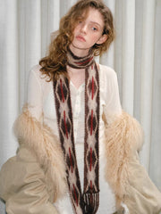 Retro Diamond Skinny Scarf Hand-Threaded Brown