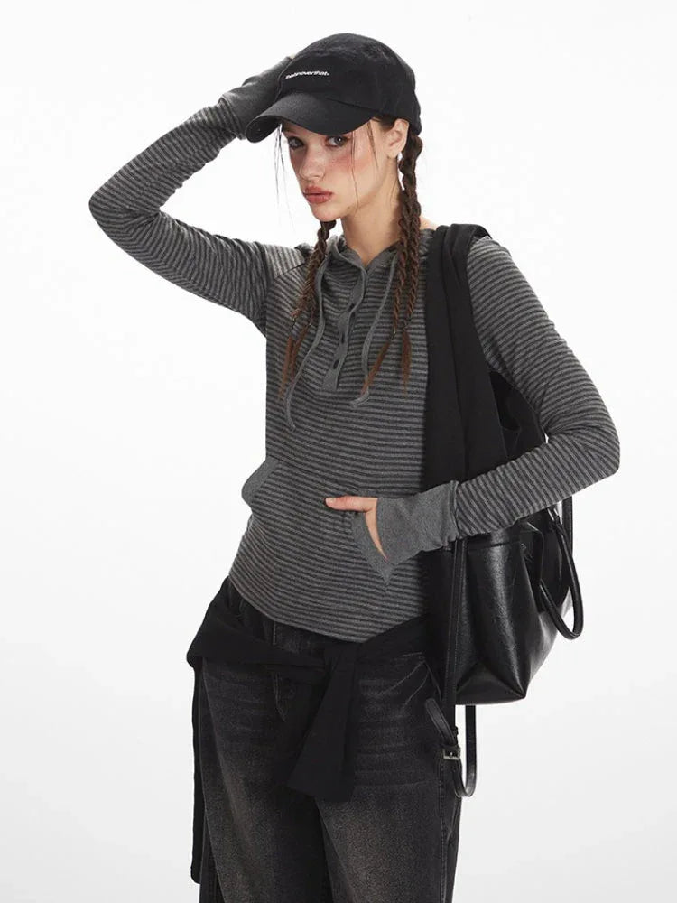 Y2K Grunge Striped Hooded Henley Top - TEVQA